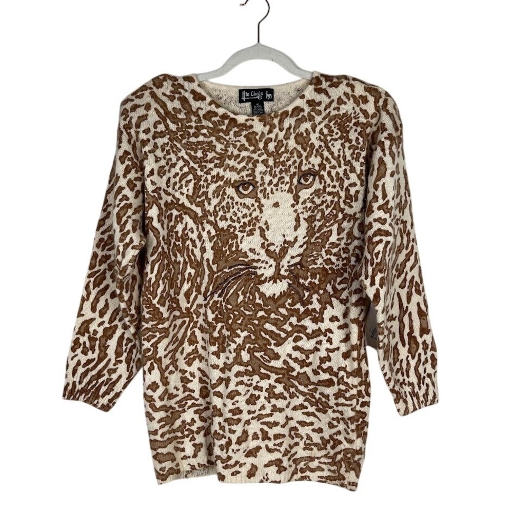 NEW Vintage Le‎ Chois Silk Angora Wool Animal Print Beaded Sweater Brown Size M